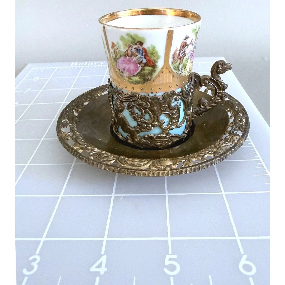 Antique Vienna‑Style Porcelain Cup w/ Ornate Silverplate Holder & Saucer